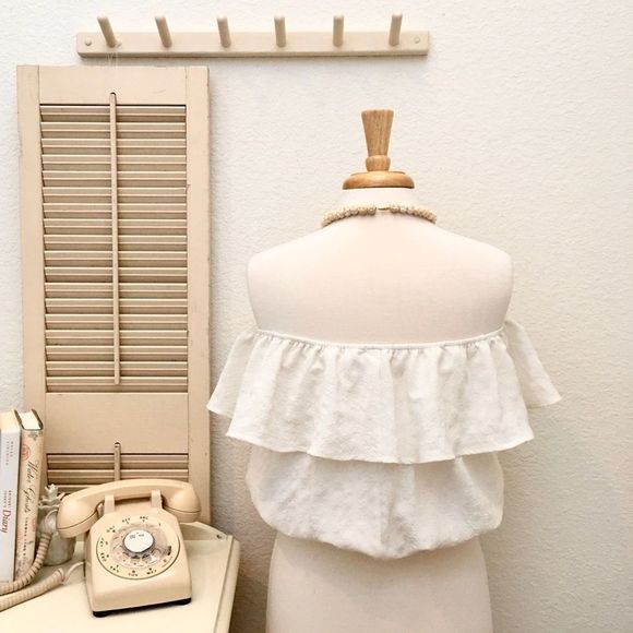 KIMCHI BLUE Cream Crêpe Off the Shoulder Boho Peasant Top XS - Picture 5 of 8